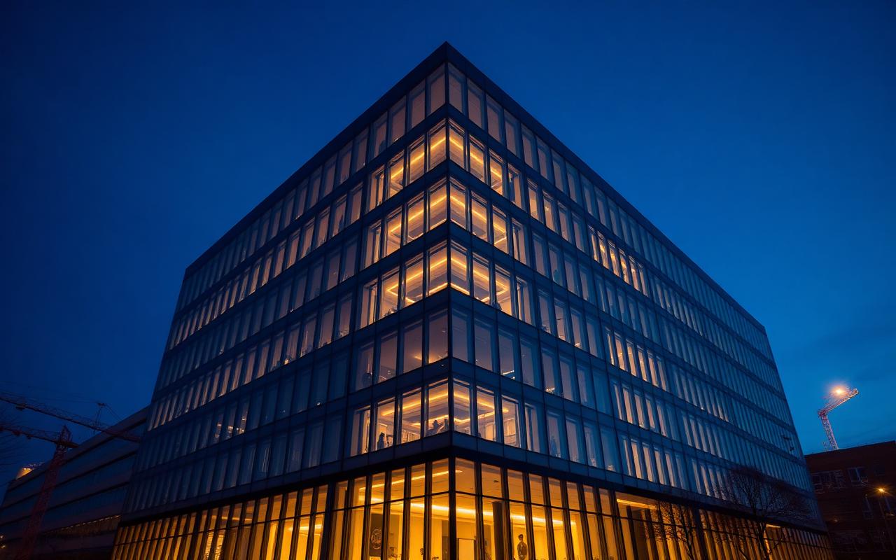 Fertiggestelltes Bürogebäude zur blauen Stunde