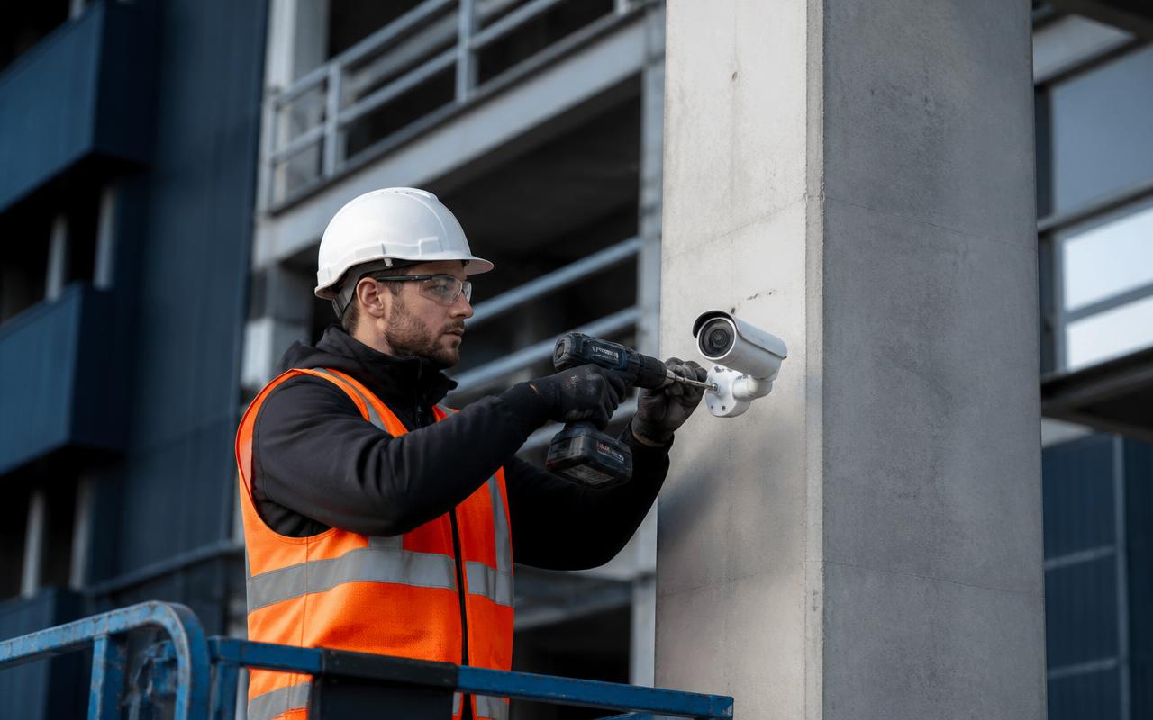 Monteur befestigt eine kompakte Baustellenkamera an einem Betonpfeiler