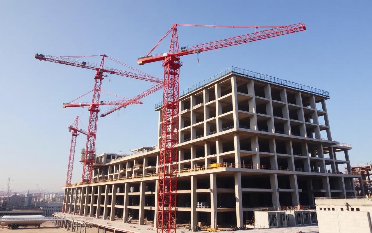 Weitwinkelaufnahme einer Baustelle aus Kameraperspektive mit Kränen