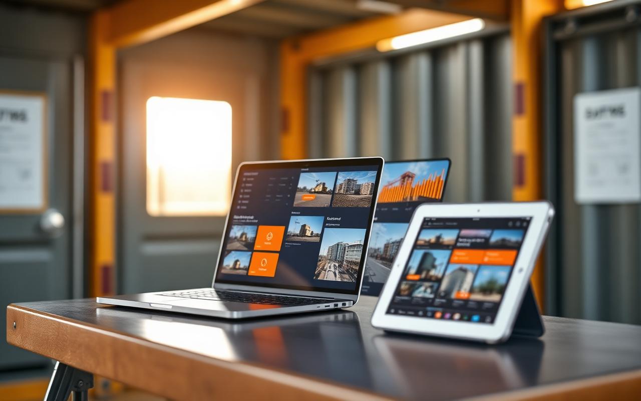 Laptop und Tablet mit geöffnetem Kundenportal im Baustellenbüro