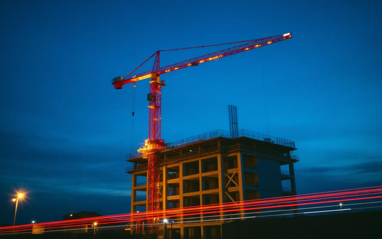 Baustelle in der Dämmerung mit Bewegungsunschärfe im Zeitrafferlook